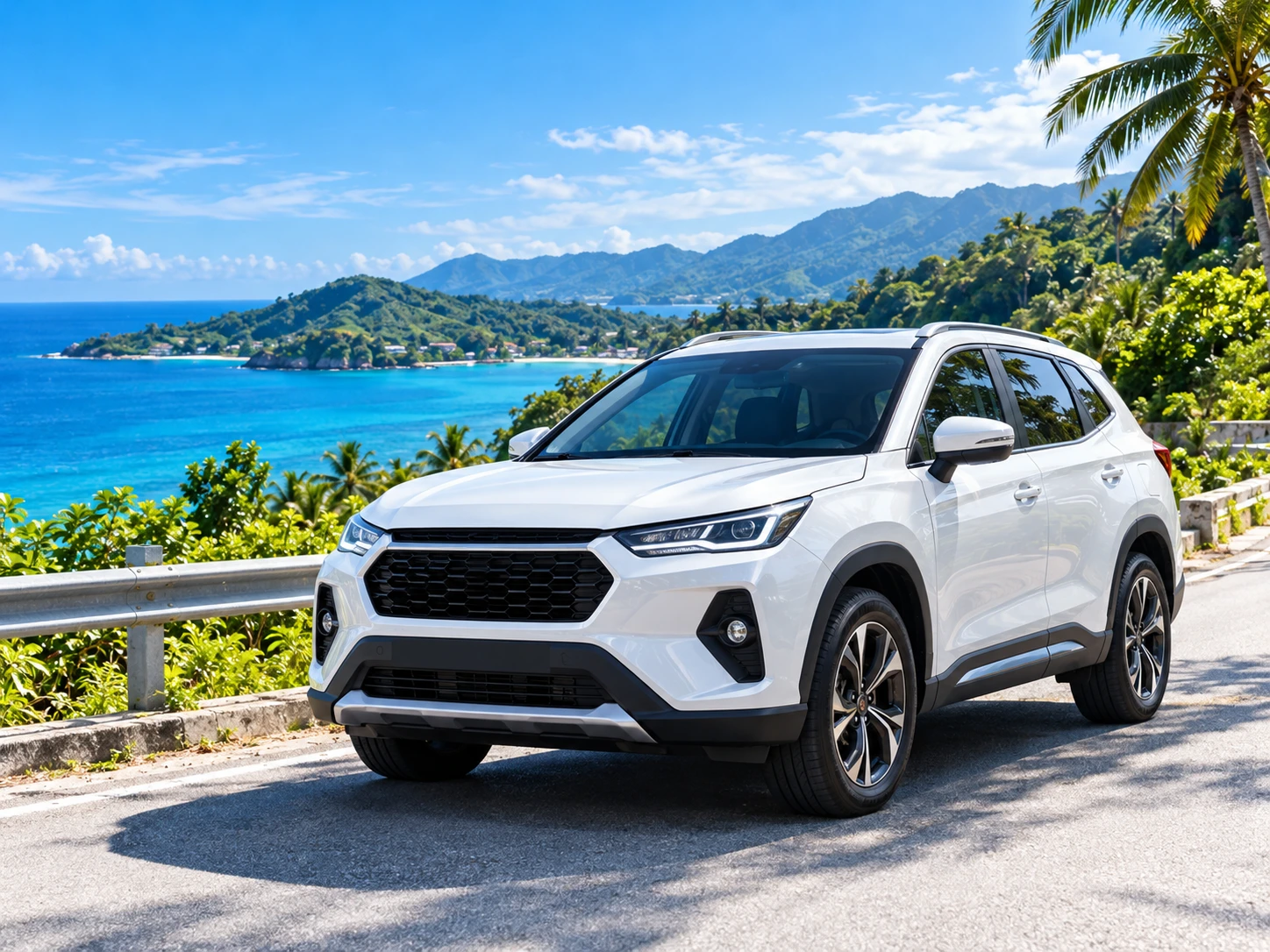 รถ SUV สีขาวบนถนนเลียบชายฝั่งเขตร้อน