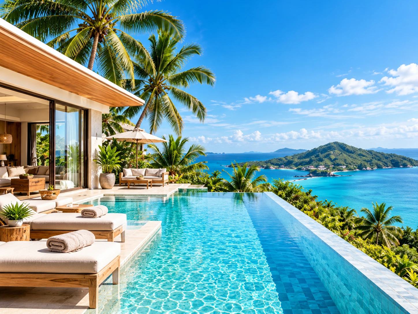 A tropical villa and infinity pool overlooking the sea